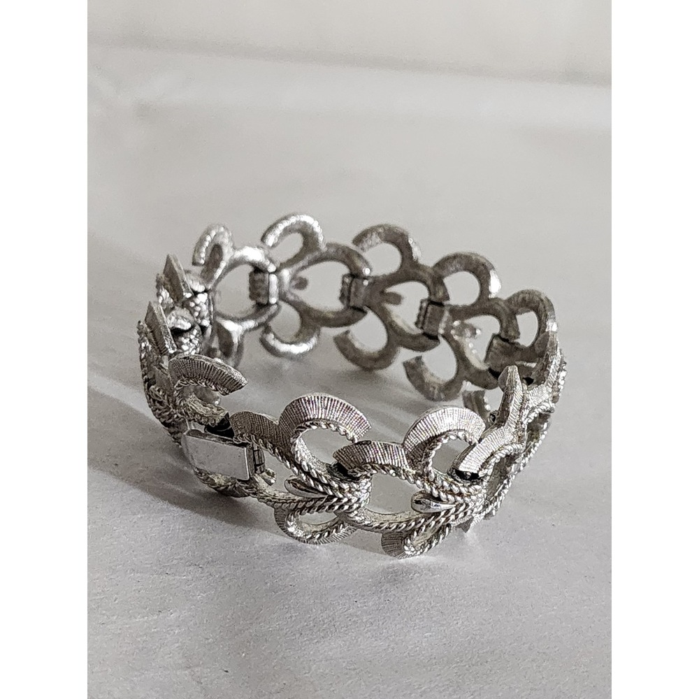 Vintage Crown Trifari Birthday Ribbon Bracelet Silver Tone Fleur de Lis 7.5" 60s